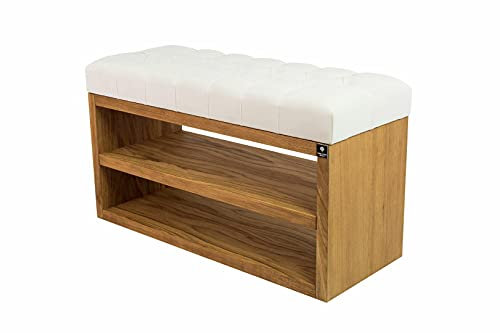 EMRA WOOD M-DEKO LPS-5 Polsterbank Schuhbank Chesterfield Gesteppt mit Ablage Bezug aus Velours Weiß Gestell aus Holz Nach Maß (Höhe 50cm Tiefe 40cm, 95)
