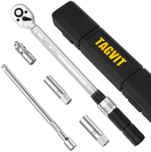 TAGVIT Clé Dynamométrique 3/8, 10-60 Nm Clé Dynamométrique Avec Barre D'Extension, Joint Universel et Manchon de Bougie pour Vélos, Moto, Voiture