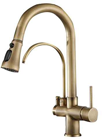 3 Way Kitchen Taps with Pull Out Spray Pull Brass Antique 3 in 1 Sink Faucet 360° Rotation Multifunction Kitchen Sink Tap-A