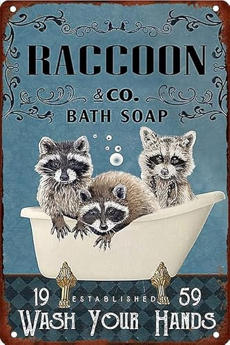 30,5 x 20,3 cm Wanddekoration Waschbär Bad Seife waschen Sie Ihre Hände Blechschild Vintage Wanddekoration Metallschild Cafe Badezimmer Badroom