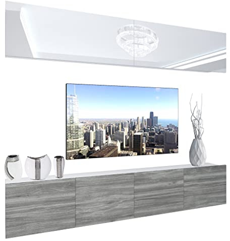 BELINI - Unité Murale TV NEX I Ensemble Muebles de Salon Complet I Ensemble Meuble TV avec Illumination LED I Dimensions: 200 x 180 x 36 cm I Coleur: Blanc très Brillant/chêne Glamour