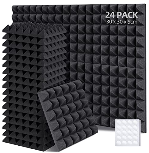 Ohuhu Akustikschaumstoff Akustikpaneele 24 Stück mit Aufkleber, 30 x 30 x 5 cm Pyramidenplatten Schallschutz Wand Schallschutzplatten Schalldämmung für Tonstudio Podcasts Youtube-Zimmer, Anthrazit
