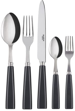 SABRE PARIS - Tafelbesteck, 5-teilig - Icône - Messer, Gabel, Esslöffel, Teelöffel & Kuchengabel - Edelstahl & Acryl - Spülmaschinenfest - Dunkelgrau