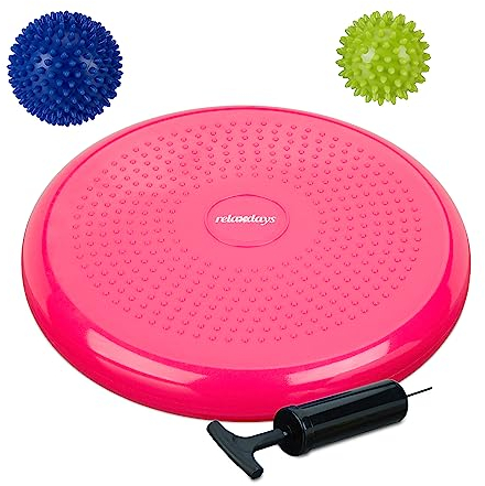 Relaxdays Balance Cojín Equilibrio, 2 Bolas de Masaje, Ø 32 cm, Resistencia hasta 140 kg, Pelota Fisioterapia con Inflador, Rosa, 6 x 32 x 32 cm