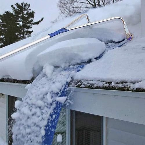 Dach-Schneerechen-Entfernungswerkzeug, kratzfreie und leichte Schneeschaufel aus Aluminium mit 4-poligem, verstellbarem Anti-Rutsch-Griff, breiteren Rädern und breiter Klinge für klares Dach