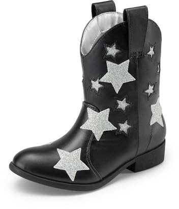 DREAM PAIRS Stivali da cowboy per ragazze, stivali da cowboy stile western a mezza coscia con stelle per bambini, Nero -, 17.5 cm