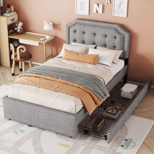 MQGPM Polsterbett mit Stauraum 90x200cm, Stauraumbett Einzelbett mit Zwei Schubladen und Kopfteil, Jugendbett mit Bettgestell und Lattenrost, Einfaches Design, Ohne Matratze, Grau