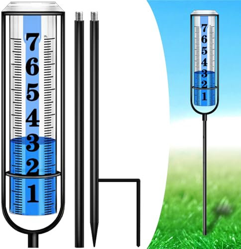 Rain Gauge Outdoor, Rain Gauges Outdoors Best Rated, Accurate Rain Measure Gauge for Garden, Thickened Tube Rain Meter with Stake, Adjustable Height & Large Font Water Gauge for Rain, Easy to Read