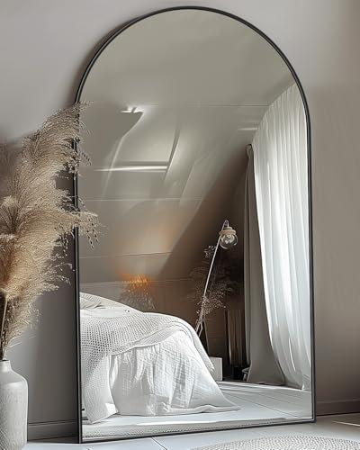 Antok Ganzkörperspiegel, 194 x 114 cm Gewölbter Standspiegel Groß in Voller Länge, Wandspiegel mit Aluminiumlegierung Rahmen und Bruchsichere Glas, Bodenspiegel für Wohnzimmer, Ankleide, Schwarz