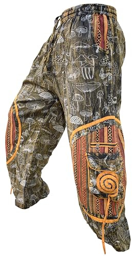 Gheri Pantalon Ali Baba pour hommes en coton lavé à la pierre avec imprimé champignon et broderie Chakra, moutarde, S/M