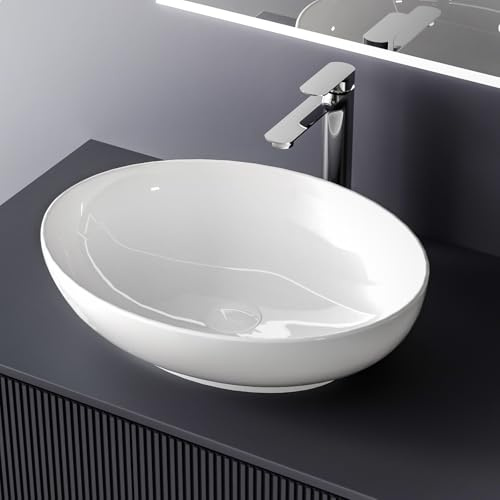 EMKE Lavabo in ceramica ovale, lavabo da appoggio, 520 x 395 x 130 mm, lavabo per bagno e WC per ospiti, bianco brillante, facile da installare