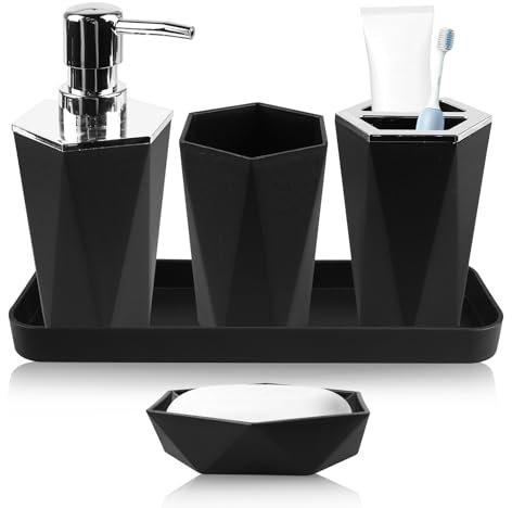 WIYETY 5er Set Badezimmer Zubehör: Badaccessoires Set aus Kunststoff mit Zahnputzbecher, Zahnbürstenhalter, Schminktablett, Seifenspender, Seifenschale (Schwarz)