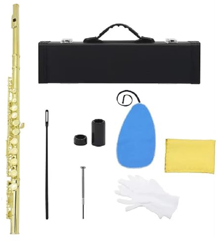 Querflöte Instrument 16 Geschlossene Offene Löcher C-Taste Professionelles Querflöten-Konzertmusikinstrument Mit Box-Tuch-Stick-Handschuhen(Gold)
