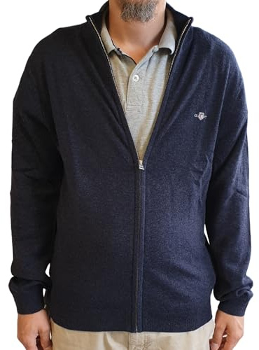 GANT Extrafin lammull dragkedja cardigan, Mörk marinblå melerad, XXL