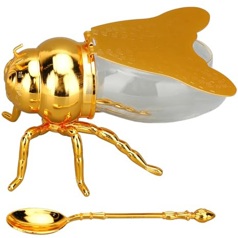 Gsycle Honey Jar, Bee Shaped Glass Honey Pot Kitchen Jar Bee Honey Pot Honey Container Dispenser with Dining Spoon for Home Hotel Restaurant (Gold)