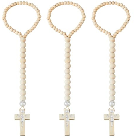 SUPERFINDINGS 3 cuentas de cruz bendecida, borlas rústicas, decoración de campo, guirnalda de cuentas de madera para colgar en la pared, cuentas decorativas para puerta, ventana, hogar, árboles de