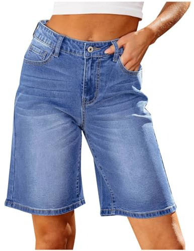 CreoQIJI Bermuda en jean pour femme - Longueur genou - Décontracté - Denim - Taille haute - Short d'été tendance - Baggy Y2K Streetwear - Short en jean stretch - Pour fille, bleu, M