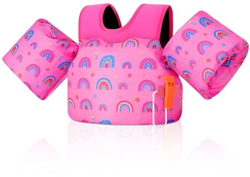 MoKo Gilet da Nuoto per Bambini, Galleggianti a Braccio per Bambini 20-50 libbre, Giubbotto Nuoto con Fischio d'Emergenza, Accessori per l'Allenamento di Nuoto per Piscina, Arcobaleno Rosa Intenso