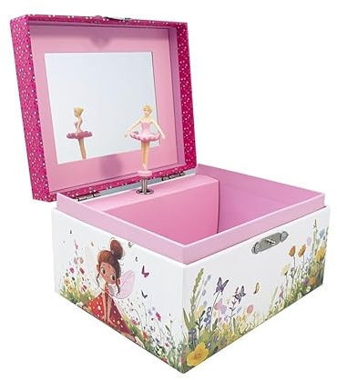 HUTRADE Mädchen Musik Schmuckkästchen mit Fee & Spiegel – Schmuckbox mit Blumenmotiv & Ballerina Figur, Geschenkidee für Kinder