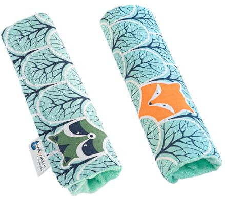 Medi Partners Protège Ceinture Enfant 2 Pièces Coussin de Sécurité Voiture Protege Kids 17x22cm 100% Coton Minky Cover Securite Auto Poussette pour Bebe Amovible (Forêt à la Menthe Minky)