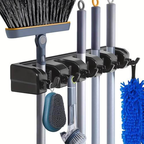 Heavy-Duty Wall-Mounted Storage Rack, 5 Slots 6 Hooks, Mop and Broom Organiser, Garage and Laundry Tool Holder
