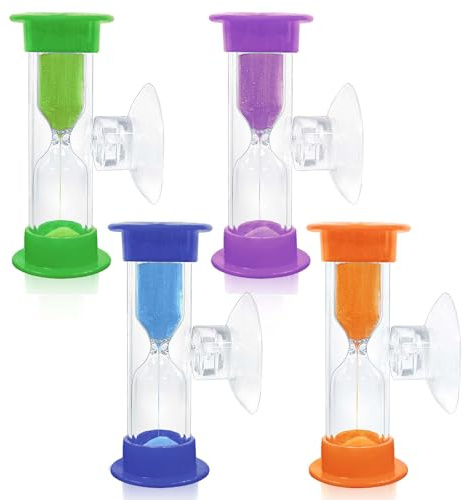 Hourglass Sand Timer 3 Minute with Suction Cup - 4Pcs, 3 Min Sucker Sand Watch, Unbreakable Small Sand Clock 3 Minutes for Teeth Brushing, Hour Glass Sandglass Timer for Games, Classroom