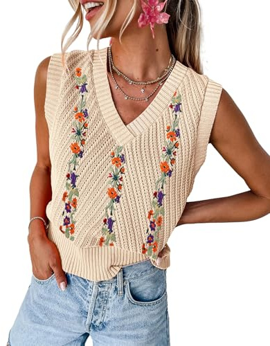 MARZXIN Women Sleeveless Sweater V Neck Casual 2026 Knitted Chevron V Neck Sweater Vest Color Block Pullover Sweater Top Beige Florals S