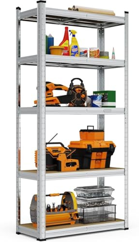 5 Tier Heavy Duty Garage Shelving Unit – Galvanised Steel Storage Rack, Adjustable Metal Shelves, Boltless Assembly (Silver (Pack of 1), 150cm x 70cm x 30cm)