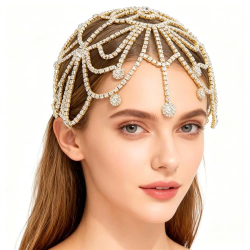 GORGECRAFT 1920-tal kristallmössa huvudbonad nät guld strass huvudkedja rytande 20-tal Great Gatsby hårtillbehör hårkedja hatt för brud cosplay halloween konst dekor fest