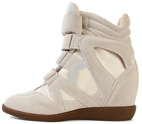 WJZDSJCO Wedge Sneakers for Women Heels Suede Hook and Loop High Heel Platform Tennis Round Toe Triple Strappy Band Casual Vintage Fashion Dressy Comfy Campus Trendy Retro, Beige, 5 UK