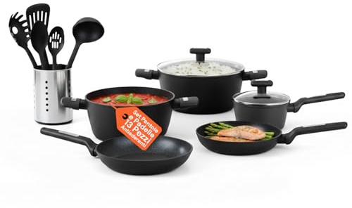 Avilia Batteria di Pentole e Padelle 13 Pezzi Antiaderenti - Set Cucina Completo in Alluminio per Induzione e Gas - Coperchi in Vetro Temperato e Manici Ergonomici - Nero Elegante - Senza PFOA
