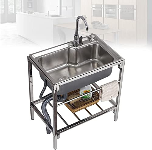 Lavello di servizio a vasca singola, stazione lavamani portatile for cucina commerciale in acciaio inossidabile con rubinetto e scolapiatti, lavello da campeggio for lavanderia, cortile, garage