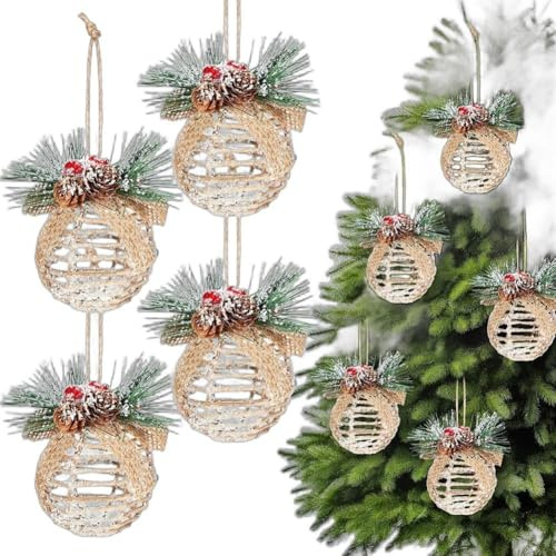 Gettimore Juego de 4 adornos de Navidad tejidos a mano, bolas decorativas de piña y bayas para árbol de vacaciones, 8 cm de diámetro