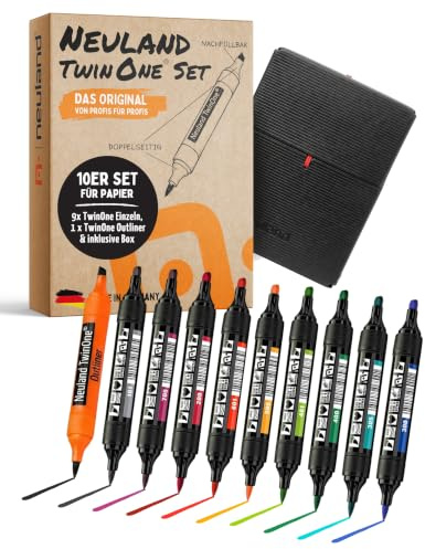 Neuland TwinOne Set I 10x TwinOne Marker mit 0,5-7 mm Pinselspitze & 2-6 mm Keilspitze I Inkl. Markerbox Flat Novario® I Nachfüllbare Flipchartmarker & Permanentmarker für klare Visualisierung