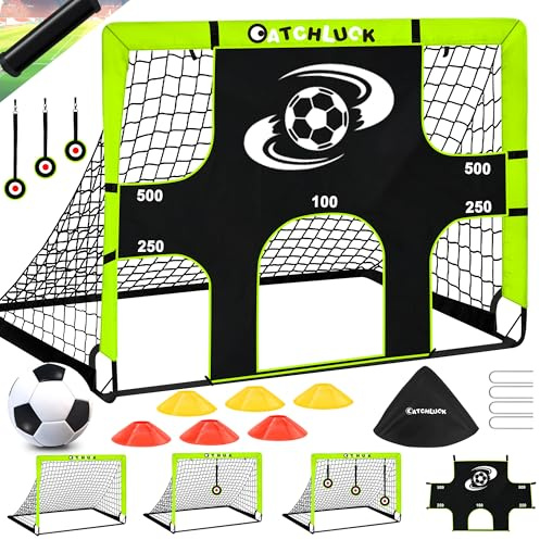 CATCHLUCK fotbollsmål för barn fotbollsnät pop up mål trädgård vikbara målinlägg målnät träningsutrustning med bärväska (fluorescerande grön1)