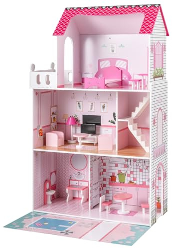 COSTWAY Puppenhaus Holz, Kinder Dollhouse mit 17 Möbelstücken, große Puppenvilla 120,5 cm Hoch mit 3 Etagen, Traumvilla für Mädchen & Jungen ab 2 Jahren, 73 x 34 x 120,5 cm (Rosa)
