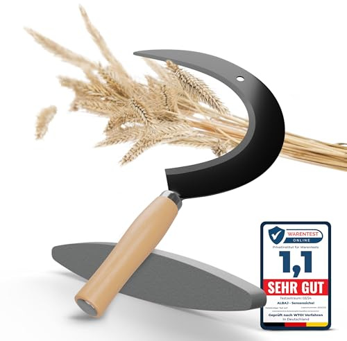 ALBAJ Round Sickle with Wooden Handle - Traditional Sharp Sickle - Sustainable Hand Scyther 35 x 22 cm - Includes Free Whetstone - Robust Scythe Sickle for Grass