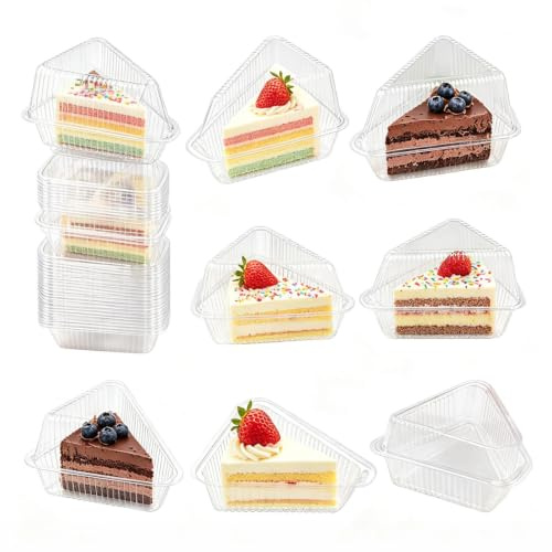 Chovize 100 Pcs Clear Triangle Cake Boxes with Lids, Plastic Triangular Containers for Individual Cake Slices, Reusable Transparent Bakery Packaging for Cheesecake, Sandwich, Cupcake