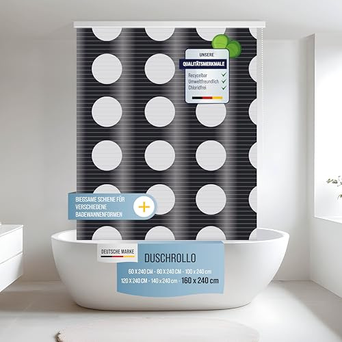 Rapid Teck Halb-Kassetten Duschrollo 160 cm x 240 cm in verschiedenen Designs - Duschvorhang mit Seilzug – moderner Badewannenvorhang – platzsparendes Duschvorhang Rollo