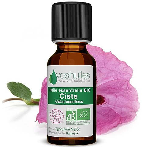 Voshuiles - Huile Essentielle Ciste Ladanifère Bio 5ml - Parfum Frais - Diluer avec Huile Végétale - Soin Peau - Huiles Essentielles de Qualité - 100% Pure et Naturelle - HEBBD et Certifiée ECOCERT