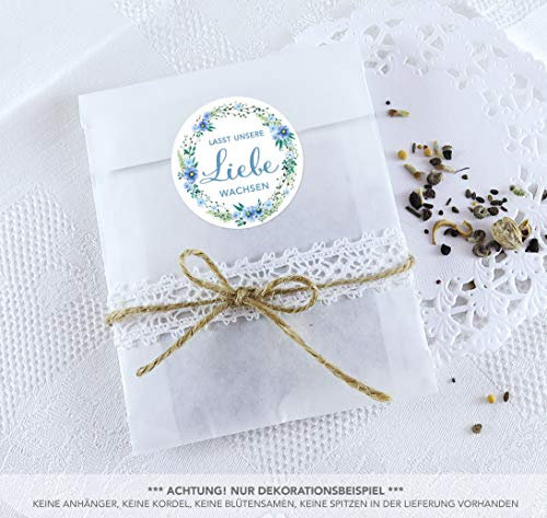Blütensamen Tüten Set 24 Sticker LASST UNSERE LIEBE WACHSEN BLÜTEN KRANZ GRÜN BLAU Ø 4cm matt + 24 Flachbeutel weiß 130 x 95 + 16 mm Hochzeit Taufe Blüten Gastgeschenk Deko Geburtstag