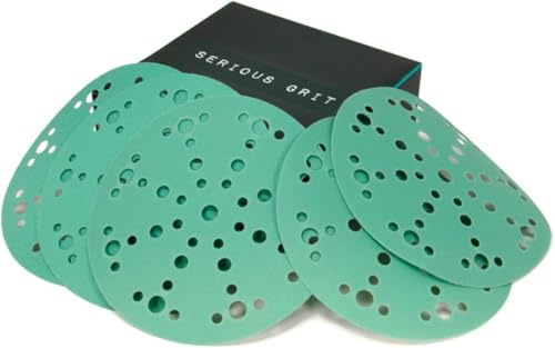 Serious Grit - 6-Inch 49-Hole Sanding Discs Assortment - 80, 120, 150, 180, 220 Grit (10 of Each) - Heavy-Duty Hook & Loop Film Discs - Sandpaper for Random Orbital Sanders - 50 Pack Box