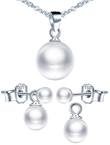 Perlenschmuck Set,Perlenkette Damen 925 Silber Perlenohrringe Mehrere Tragemethoden, Weihnachts- und Geburtstagsgeschenk, Edelstein, Zirkonia, Sterling-Silber, Perle