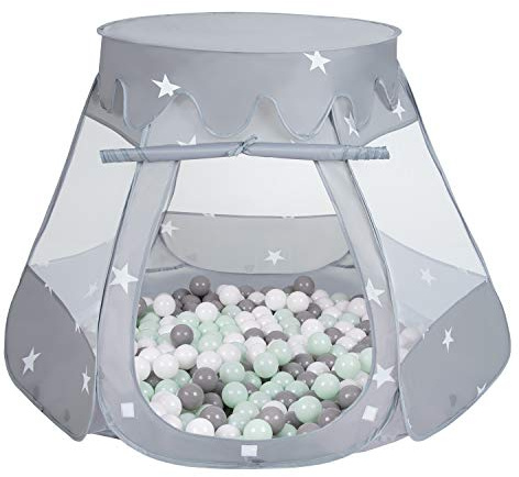 Selonis Baby Spielzelt Mit Plastikbällen Zelt 105X90cm/300 Stück Bälle Plastikkugel Kinder, Grau:Weiß/Grau/Minze