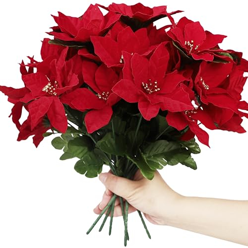 Homcomodar 4PCS Christmas Red Artificial Flower Christmas Poinsettia Bouquets, Flocked Fabric Artificial Christmas Flower for Christmas Holiday Festival New Year Decoration