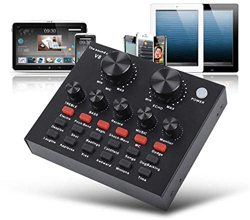 ZDYS Tarjeta de sonido de mezcla de audio externa, interfaz de audio USB con múltiples efectos de sonido, batería recargable integrada para cantar, gritar, transmitir en vivo, chatear y grabar música