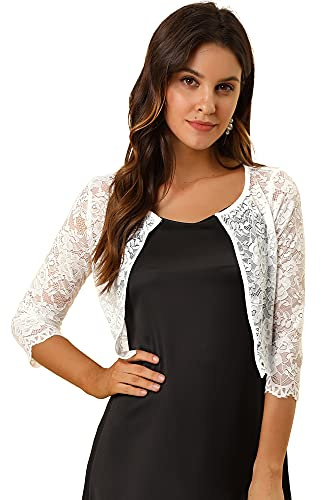 Allegra K Damen Brautjacke Spitzen Bolero Festlich Kurz 3/4 Ärmel Durchsichtig Blumen Spitze Shrug Crop Cardigan Boleros Weiß XS
