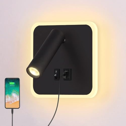ERWEY LED Leselampe Wandmontage, Bettlampe verstellbar 3W 4000K+5W 3000K Wandleuchte Wandlampe mit Schalter und USB-Ladeanschluss für Bett, Schlafzimmer, Schwarz