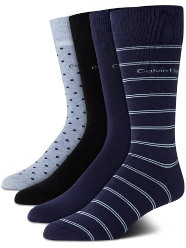 Calvin Klein Mens Dress Socks - 4 Pack Soft Cotton Blend Crew Length Work Socks for Men for Casual Business & Formal Wear, Size 7-12, Blue Stripe