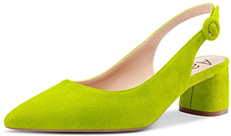 Aachcol Mujer Slingback Pumps Chunky Ancho Medio Bajos Heel Puntiaguada Punta Correa Tobillo de Boda Oficina Fiesta Dress Zapatos Cute 5 CM Verde Lima Ante 37 EU